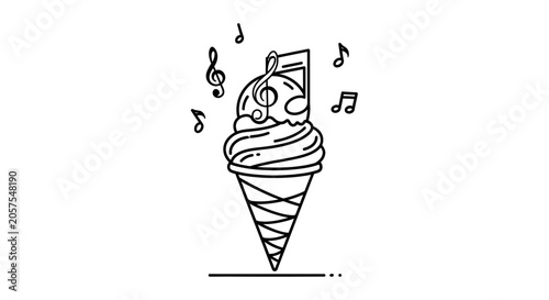 Sweet Melody Ice Cream Cone Line Art Illustration. Delicious Dessert with Musical Notes and Treble Clef Symbol, Black and White Vector.