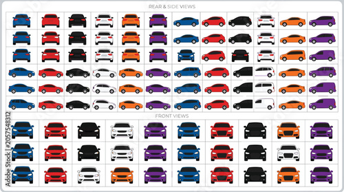Foto Modern car vector illustration bundle featuring front side and rear views for automotive infographic icon design templates