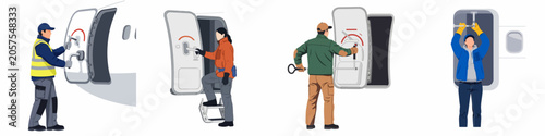 Set of illustrations featuring ground crew and maintenance workers operating and maintaining airplane doors for flight safety and airport operations.