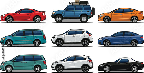 Bild auf Leinwand Modern vehicle vector illustration set featuring realistic side view profile des
