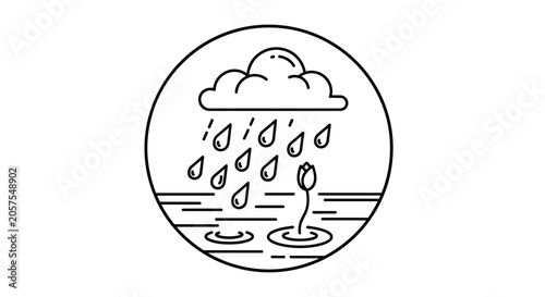 Simple monoline illustration of rain falling from a cloud onto a plant growing in water, symbolizing nature, growth, and life cycle.