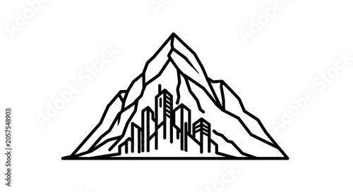 Stylized outline drawing of a modern city skyline built into a majestic mountain. Urban nature fusion, minimalist vector illustration.