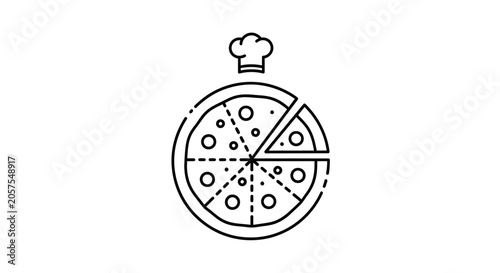 Pizza with Chef Hat Icon Line Art - Restaurant Food Delivery Symbol with Separated Slice. Vector Outline Illustration.