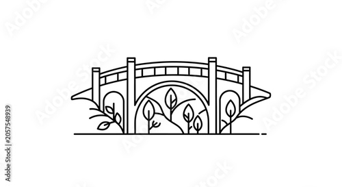 Minimalist line art illustration of an elegant arch bridge over water with stylized plants, representing nature, park, or pathway design.
