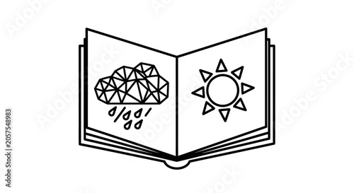 Open book with geometric weather icons: shining sun and rain cloud, forecast, climate, or mood concept line art illustration