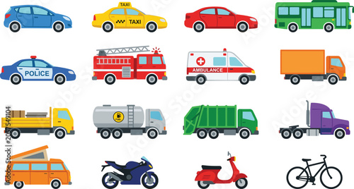 Urban city transport vehicle vector icon set featuring emergency police ambulance fire truck and commercial delivery trucks.