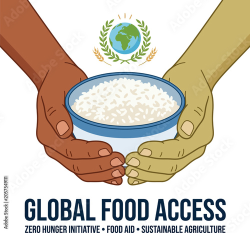 Two diverse hands holding a bowl of white rice with a global food access emblem above