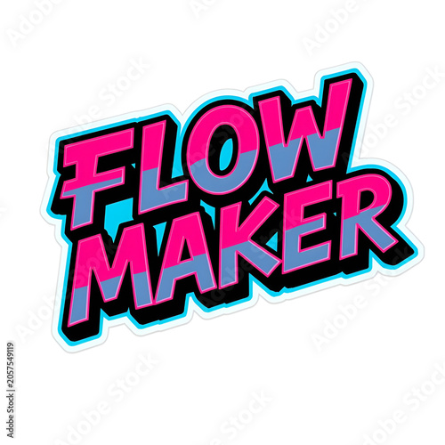 Vibrant 'Flow Maker' text design with pink, blue, and cyan colors, representing creativity and productivity.