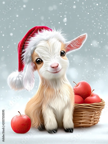 Cute cartoon goat wearing a Santa hat sits beside a basket of red apples on a snowy background, creating a festive holiday scene