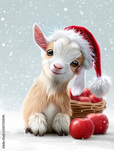 Cute cartoon goat wearing a Santa hat sits beside a basket of red apples on a snowy background, evoking a festive winter atmosphere
