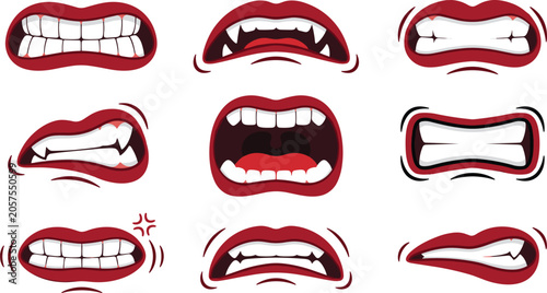 Εκτύπωση καμβά Angry Mouth and Vampire Lips Vector Expression Set with Fangs Clenched Teeth Gri