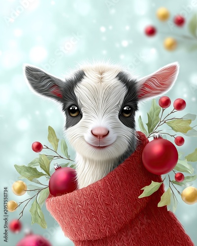 Illustration of a cute goat wearing a red knitted sweater adorned with holiday ornaments and surrounded by festive greenery against a soft, blurred background