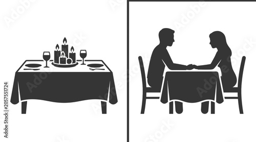 Silhouettes of a couple having a romantic dinner at a table.