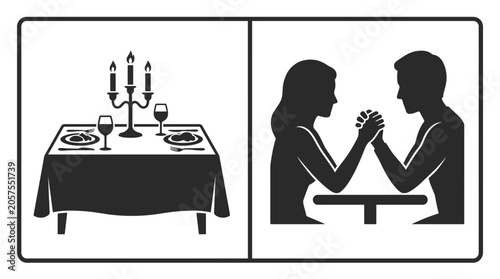Tableau sur toile A split image showing a romantic candlelit dinner table and a couple arm wrestling