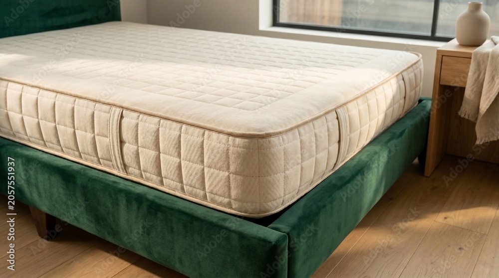 Naklejka premium Modern quilted mattress on emerald green velvet bed frame in a sunlit minimalist bedroom interior for comfortable sleep and luxury home decor design concept