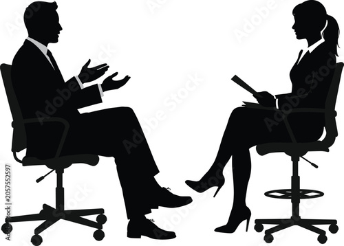 Silhouette of businessman and businesswoman sitting on office chairs facing each other, business discussion, corporate meeting, job interview, teamwork conversation