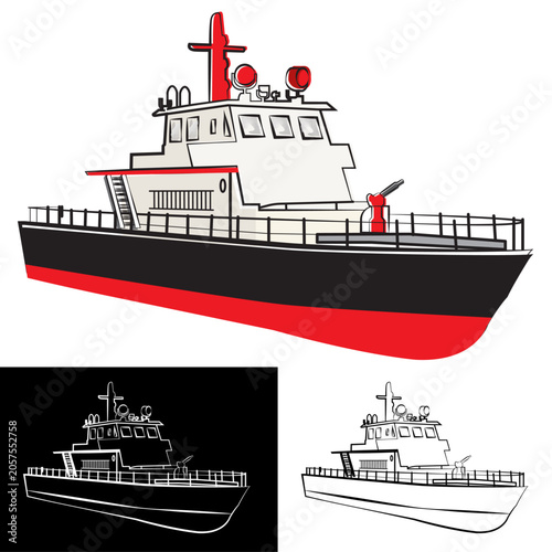 Modern Patrol Boat Vector Illustration in Red Black Colors – Maritime Security Vessel Isolated on Gray Background