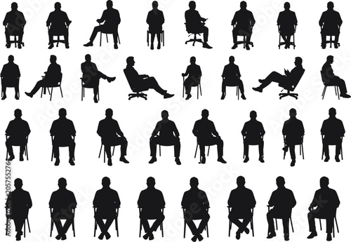 Silhouette collection of people sitting on chairs in different poses, business and casual postures for office and lifestyle design