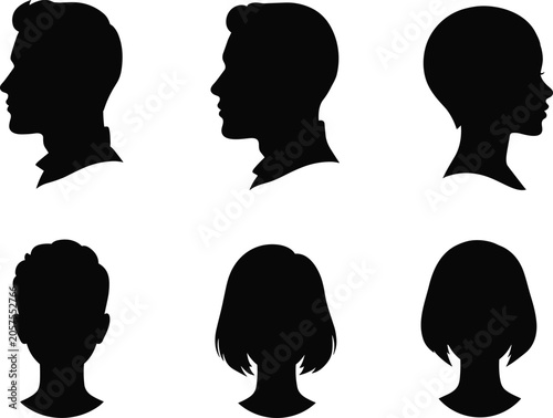 Silhouette collection of male and female head profiles and faces, vector portrait icons for business, design, avatar, and identity