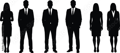 Silhouette group of business professionals men and women in formal office attire standing in a row teamwork illustration vector