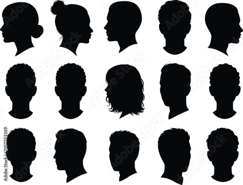 Collection of human head silhouettes in profile and front view, men and women faces with different hairstyles vector design