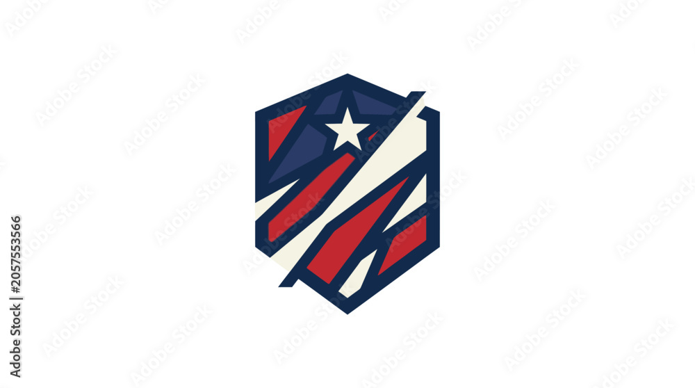 Fototapeta premium Modern shield logo featuring American flag stars and stripes.