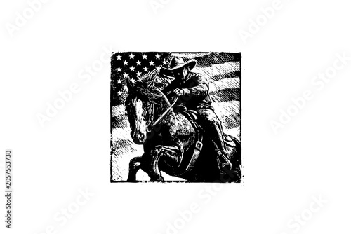 Vintage vector sketch of a cowboy riding a horse against the USA flag. Engraving style digital illustration of a patriotic western rider, isolated on a textured background.