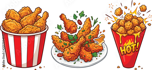 Tableau sur toile Crispy Fried Chicken Vector Set Featuring Fast Food Bucket Drumsticks on Plate a