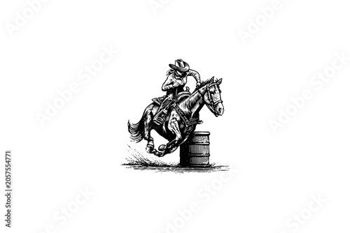 Vintage vector sketch of a cowgirl barrel racing. Engraving style digital illustration of a western woman riding a horse fast around a barrel at a rodeo, isolated on a white background.