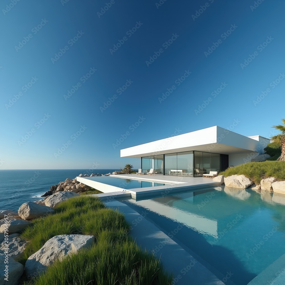 Fototapeta premium Luxury modern white villa with infinity pool on cliff edge overlooking blue ocean sea. Minimalist architecture, glass walls, sun loungers, green grass, rocky coast. Sunny day clear sky.