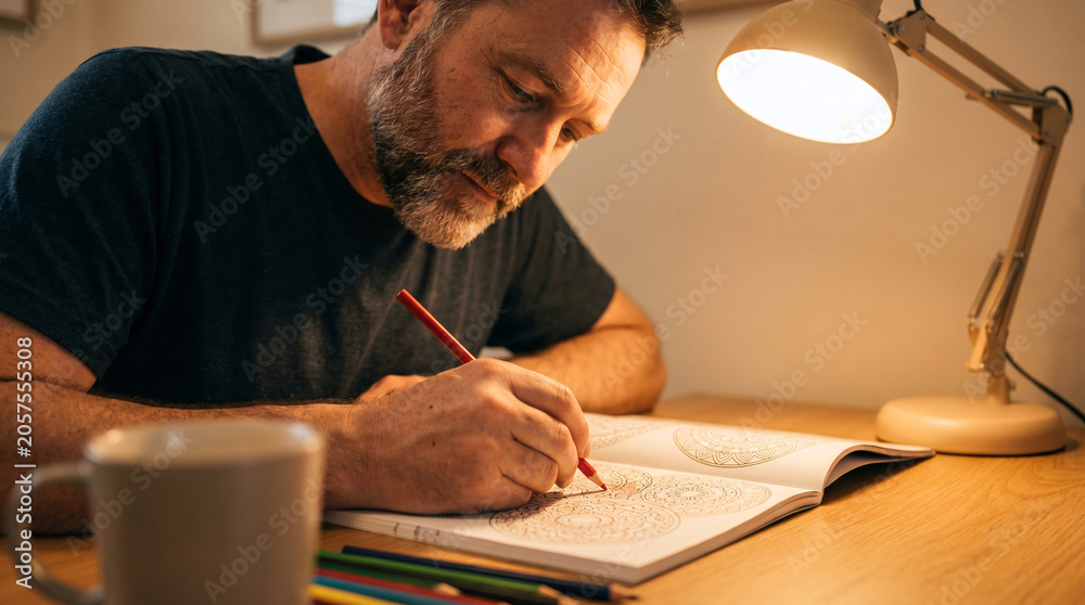 Fototapeta premium Adult Man Practicing Mindfulness with Coloring Therapy 