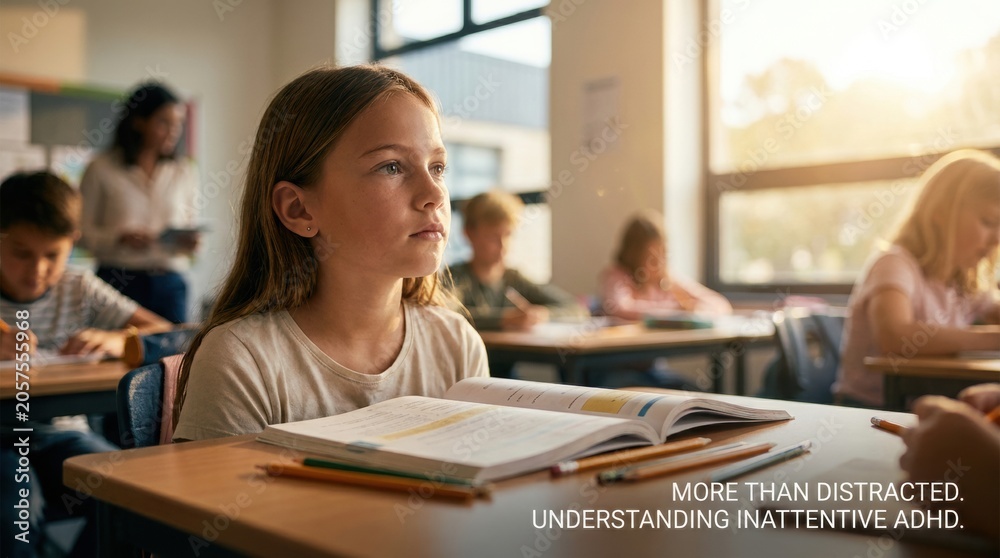 Obraz premium Young girl with ADHD in classroom setting, focused on her studies while classmates engage in various activities at desks with books and stationery visible