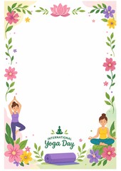 Cute International Yoga Day frame with colorful flowers, yoga poses, green leaves, and a large empty center space for text. Bright and cheerful clipart border illustration, perfect for any design