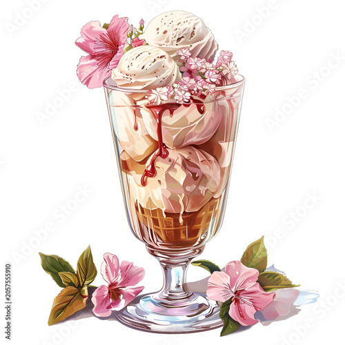 Floral Summer Ice Cream Clipart with Watercolor Flowers and Pink Soft Serve Scoop on Black Background