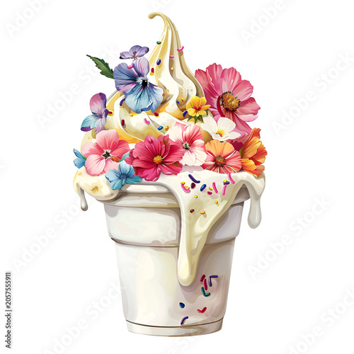 Floral Summer Ice Cream Clipart with Watercolor Flowers and Pink Soft Serve Scoop on Black Background