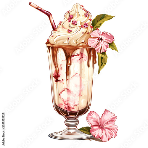 Floral Summer Ice Cream Clipart with Watercolor Flowers and Pink Soft Serve Scoop on Black Background