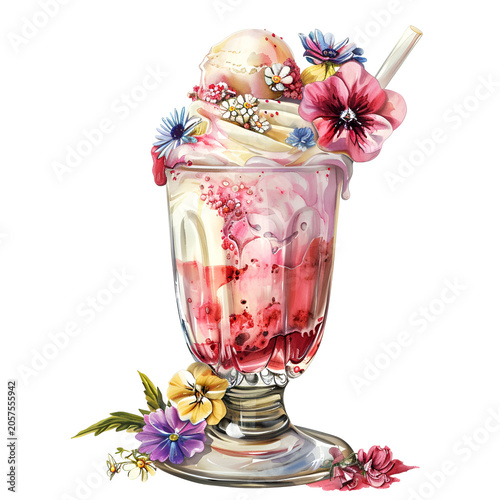 Floral Summer Ice Cream Clipart with Watercolor Flowers and Pink Soft Serve Scoop on Black Background