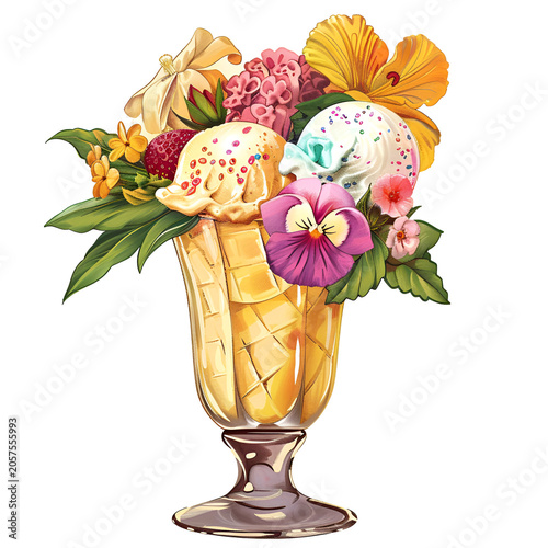 Floral Summer Ice Cream Clipart with Watercolor Flowers and Pink Soft Serve Scoop on Black Background