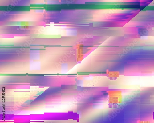 A grainy, blur glitch effect image with noise and gradient lines forming a distorted abstract background with geometric shapes and vibrant colors.