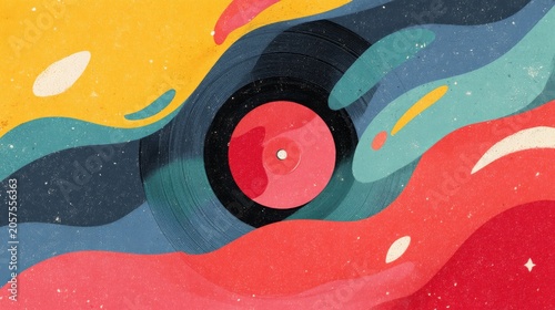 Abstract Vinyl Record with Colorful Flowing Geometric Shapes