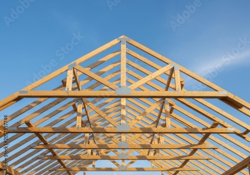 Wooden roof truss structure under a clear blue sky during construction