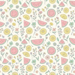 Seamless watermelon and citrus fruit summer pattern on white background