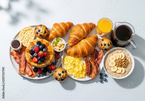 A delightful spread of breakfast foods including croissants, pancakes, berries, bacon, eggs, coffee, and juice, perfect for a morning meal.