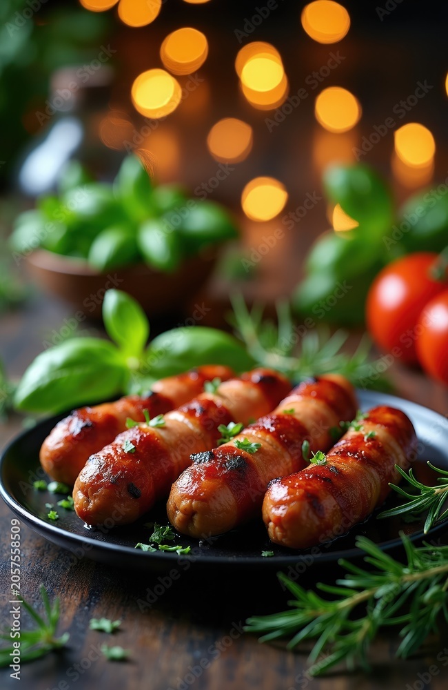 Fototapeta premium Gourmet bacon wrapped sausages with fresh herbs and tomatoes rest on dark plate. Decorated with blurred bokeh lights and green basil leaves, preparing for festive dinner party.