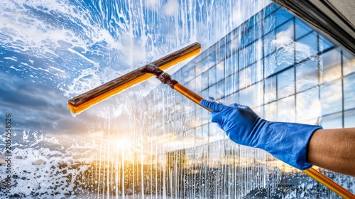 Professional Window Cleaner Using Squeegee on Large Glass Surface with Sunset Reflection