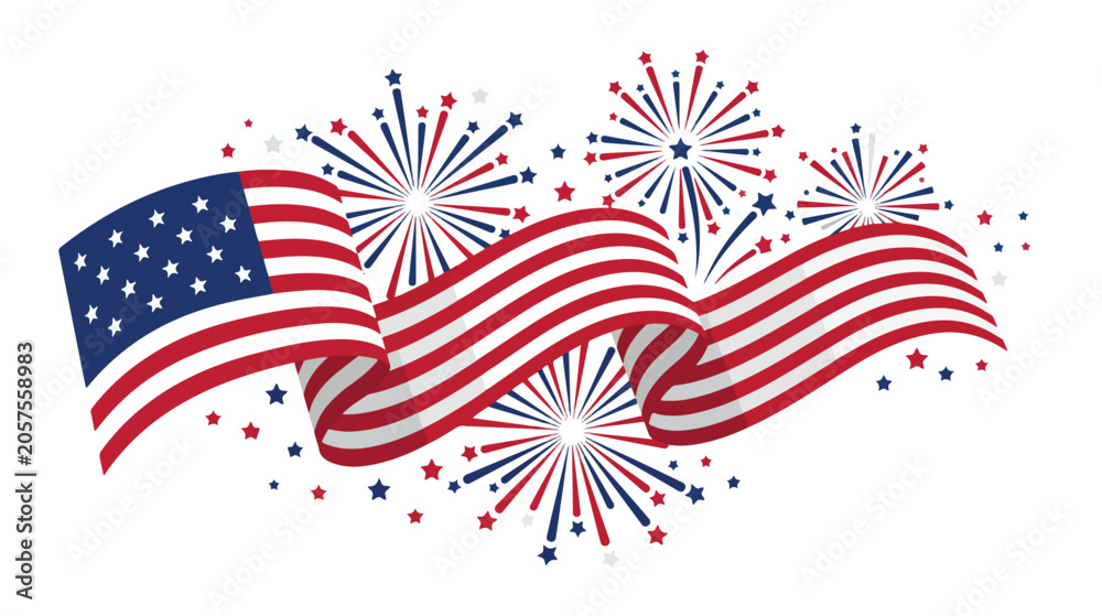 Obraz premium American Flag Ribbon and Fireworks Flat Vector Illustration