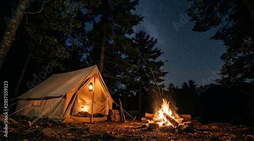 Illuminated camping tent and campfire under a starry night sky
