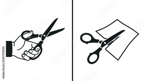 Schilderij op canvas Two black and white illustrations showing a hand holding scissors and scissors cutting paper