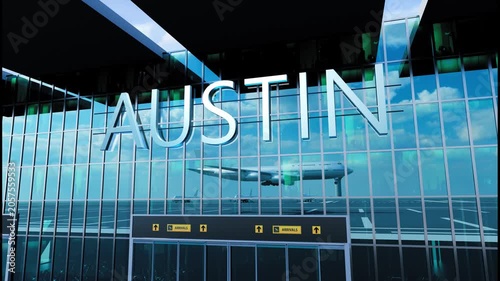 Airlane landing at Austin, USA. Arrival in the city with reflection of airport and aircraft