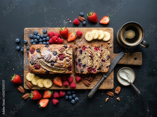 Delicious berry banana bread loaf with fresh fruit slices and nuts, served with coffee on a rustic wooden board.